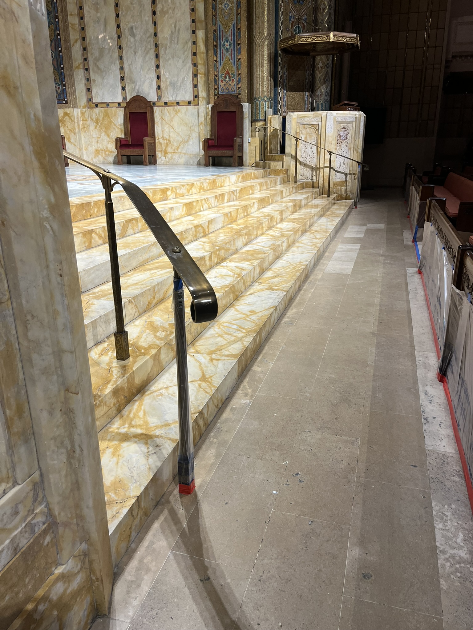 Historic stone restoration beside sanctuary at Temple Emanu-El